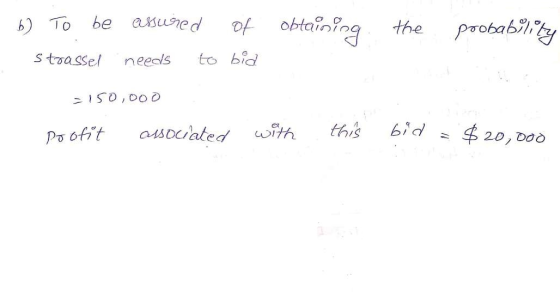 b) To be assured of obtaining the probablity Strassel needs to bid 1. = 150,ooo poofit associated with this bid = $20,000