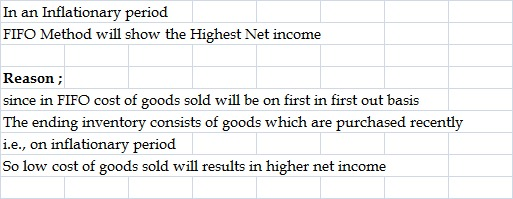 In an Inflationary period FIFO Method will show the Highest Net income Reason; since in FIFO cost of goods sold will be on fi