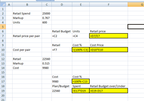 A B C D E F 1 2. 3 4 5 6 Retail Spend Markup Units 25000 0.767 4 600 5 Retail Budget Units =C2 =C4 Retail price =D7/E7 7 Reta