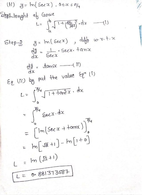 (i) y = Iml Seca), 045 27% Stepi lenght af Ceuwe 1+09 *0%3dx Tito Step 2 so > y = In (Seex) cliff L.Seex. tana Seex cle dx to