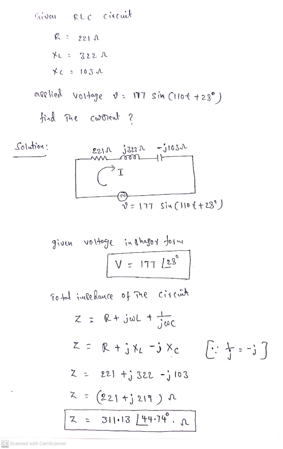 Given RLO circuit 221n XL = 322 n 103 exeplied voltage 9 - 177 Sim C1104 +28°) find the current ? solution! 2210 jazar -;1031