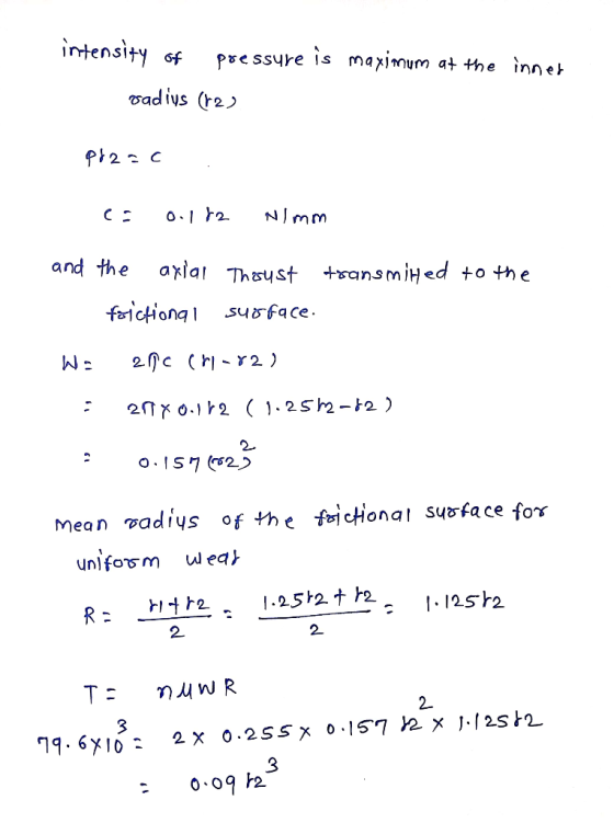 intensity of pressure is maximum at the inner radius (12) Przac = 0.182 Nimm transmited to the and the axial frictional Thaus
