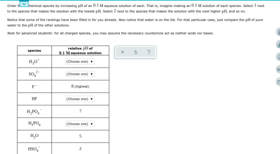 Order ti h emical species by increasing pH of an 0.1 M aqueous solution of each. That is, imagine making an 0.1 M solution of