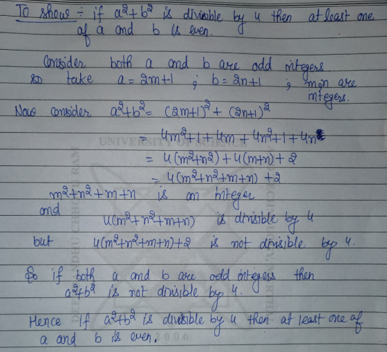 To show : if aatba ſ divimble by u then af a and b is even. r at least one Consider both a and b are add integers 80 take a=