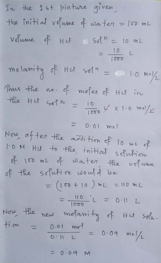 In the 1st picture given, the initial volume of water = 100 mL volume of Hd Soph = 10 ml = 10 L 1000 molarity of He soln = 1.