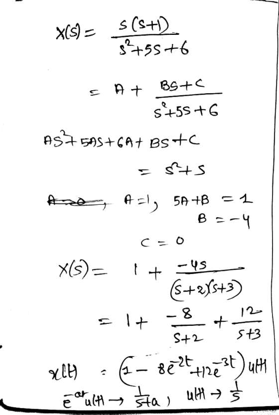 X(S) = s(s+D ${+55 +6 BSTC At s+55 +6 AS +545+GA+ BSc SUS Ane Art, 5A+B = 1 B =-4 X(S)= + -us S++) 8 12 alt + S+2 st3 CH) ul