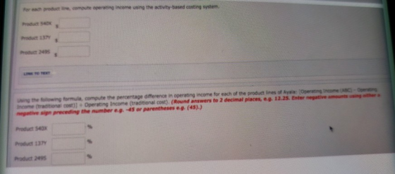 for each production, compute operating home using the activity based costing system 5 et 2495 wing the following formula, com