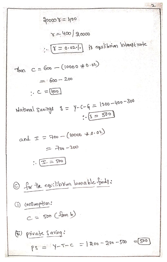 20000 8 = 400 x=400/20000 (r = 0.02.) is equilibrium interest rate Then c = 600 (10000 *0.02) = 600 – 200 ::C = 400) Natimal