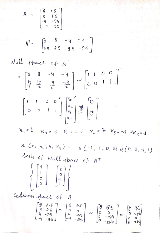 S.9 6-5 -9.5 |-4 -4 -9.5 -4 AT- 6.5 -g.5 -9.5 6.5 Null spacl of AT -4 8. -4 19 - 19 13 2. t (-1, 1,0, 0) +s (0, 0, -1, 1) bas