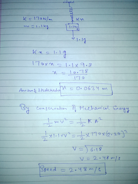 fellell Kn K = 170N/m msl. 1kg 1. lg K na lol 1. lg 17oxmal.1x9.8 10.78 170 Amount stretched h = 0.0634 m tretched 1 By conse