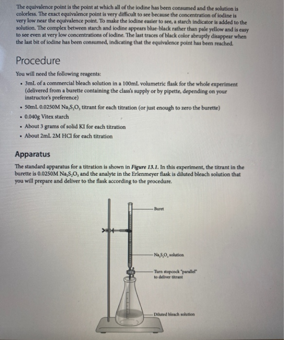 The equivalence point is the point at which all of the iodine has been consumed and the solution is colorless. The exact equi