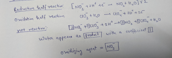 Reduction half reaction: [NO + 2H+ té - NO + H₂O1x2 oxidation half reaction cao + H20 - 10y + 24 + zê net reaction? [2no, +Qu