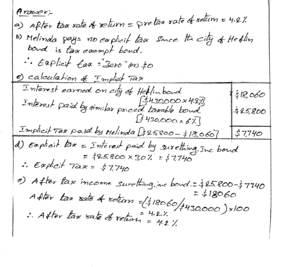 Answert a) After tax rate of return = pretax rate of selaim = 4.2% b) Melinda pays no explicit tax since the city of Heflin b