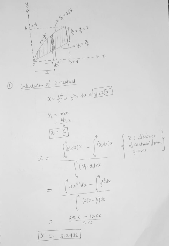 Y = x - - - > 2 - - b=4 0 F © Calculation of x-centroid x - 4 y yo, 4x = [4 - 2 y = mc L 15 o distance dx) x - y dz) x 2 of c