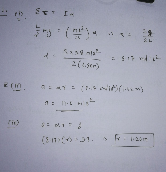 to c) Erra my (1423) a a: 39 3x9.8182 I 2 (1.80m) = 8. 17 rad 182 2.(m. a=28= (8.17 rad 18²) (1.42 m) a = 11.6 m182 CT) a = a