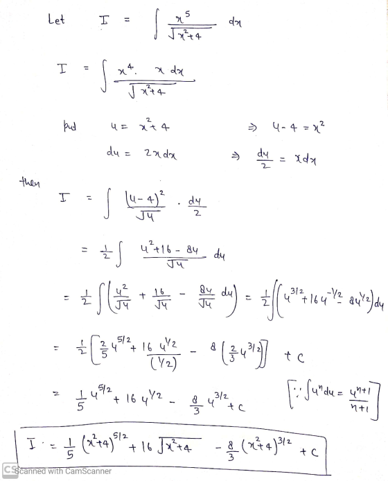 5 Let - M व +4 । I x4. a do J4 2 but 4 = 114 ५- 4 = x2 du 2 zada dy %3D then 2 । I 4-4) dy 2 J५ ५ %D ² / 4²:16 - ay du * (35