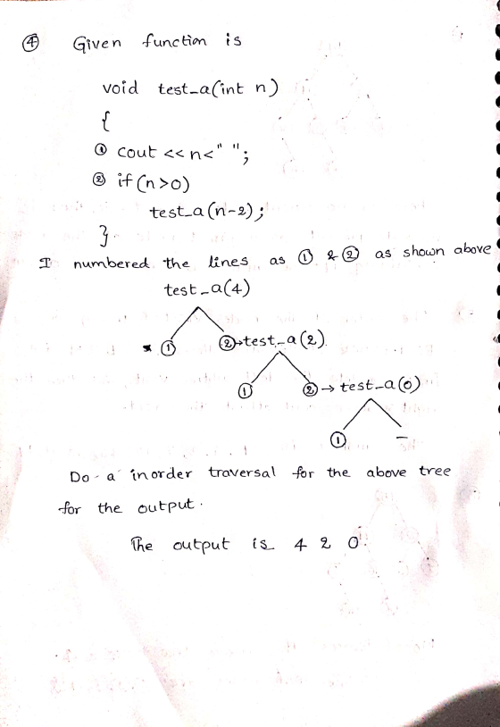 4 Given function is void test-alint n) w @ cout <<ns @ if (n>0) test_a(n-2); 3 as ① & 2 as shown above I numbered the lines