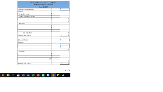 I STEFANO SUPPLY C Bank March 31, 2019 Balance on bank statement Additions Deposit in transit Check incorractly charged Deduc