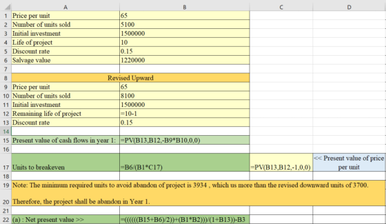 65 5100 Α. 1 Price per unit 2 Number of units sold 3 Initial investment 4 Life of project 5 Discount rate 6 Salvage value 150