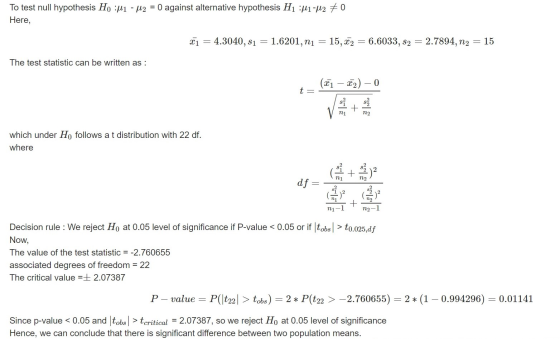 To test null hypothesis Ho :|1 - M2 = 0 against alternative hypothesis H1 :41-42 + 0 Here, 21 = 4.3040, 81 = 1.6201, ni = 15,