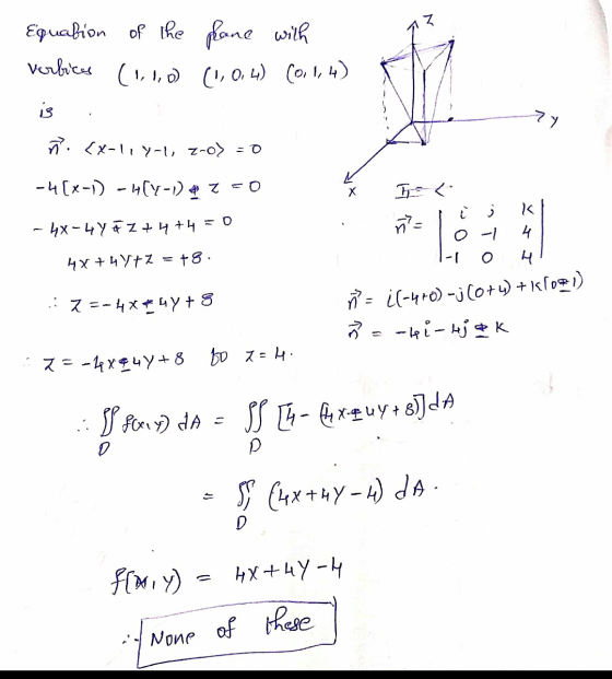Equation vertices of the (1,1,0 hane with (1,0,4) (0, 1, 4) ñ . <x-1,4-1, 2-0) = 0 - 4(x-1) -H(-1 & 2 = 0 n=1 i j kl n = Tot