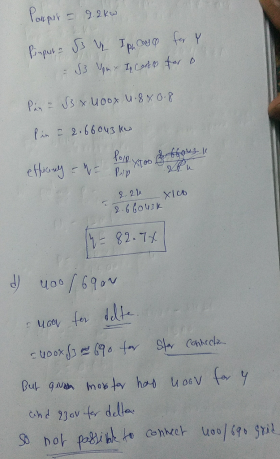 Poupur = 9.2kw S3 Vpnx In Cord o for D Pin J3 xU00x U.8X08 Pin = 2.66043 kw Porp. effrony -W= Pip 2.24 Xlco 2.66043K =82.7% y