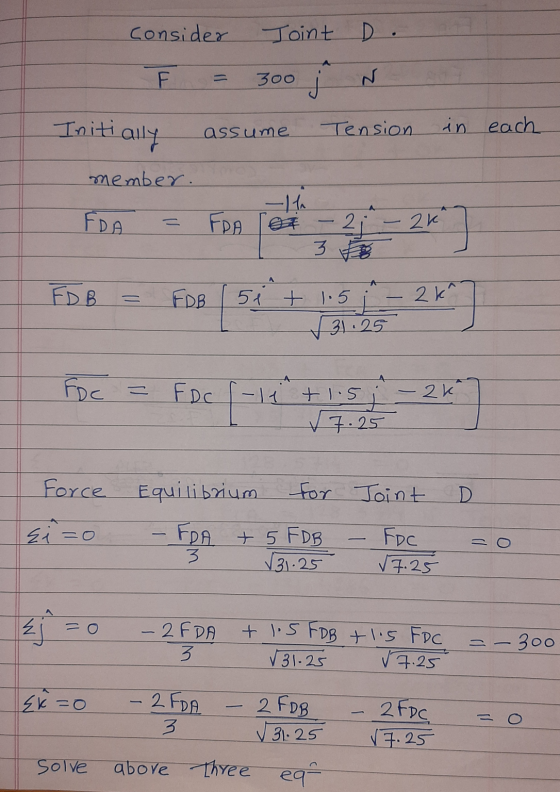 consider Joint D. F 3oo N Initially assume Tension in each member FDA -Itha FA Sot - 2j 2K 3 FDB FDB 2k 51 + 1.5 √31.25 FDC -
