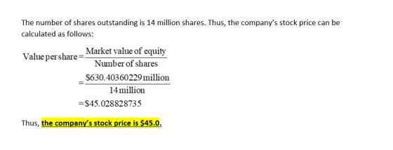 The number of shares outstanding is 14 million shares. Thus, the companys stock price can be calculated as follows: _Market