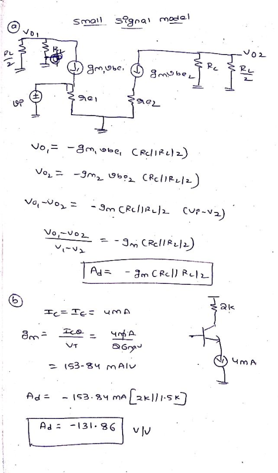 Small Signal model VD 102 gm, lobe, Rc gnobe, 2 rei جی S922 vo,= -gm, obe, CRclIRL) 2) Vo₂= -9m2 oboz CrellR212) vo-10₂= -9m
