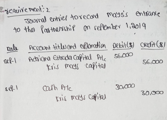 reauirementia Journal entries to record mayss entrance to the Partnership on reptember 1,2019 Date sep-1 Account title and e