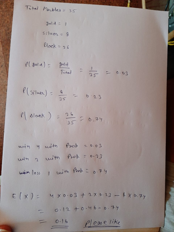 with Poob = 0.74 Total Marbles = 35 gold = 1 siluer = 8 Block = 26 Pl gold) - gold Total - 15 -- 0.03 P(Silver) = 0 0.23 35 e