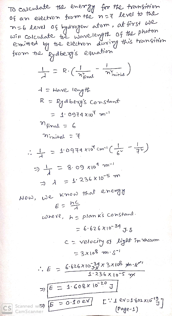 To calculate t ener fr tte tromsition of am eleutron from tee nsi level to te m Level os kydrogen atom, at first we wi Calcul