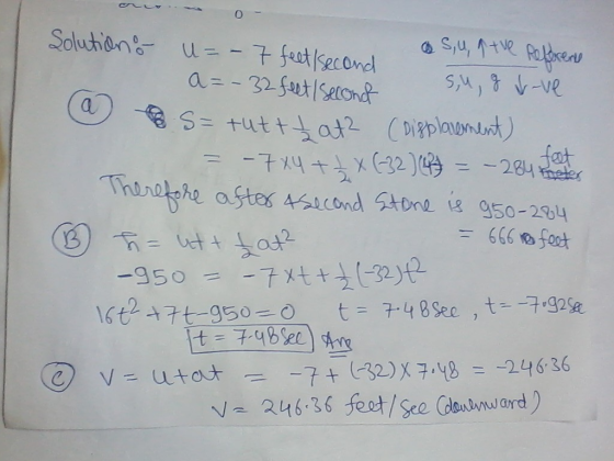 0 BS, u, atue Reference Solution. u=- 7 feet/second a=-32 feet/ second su, g vove a = tuttt at? (Displacement) -7X4 + 2 X (-3