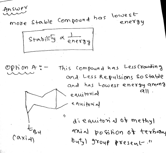 Answert more stable compound has lowest energy Stability a energy option A - This compound has Less crowding and Less Repulsi