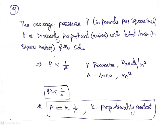 १ The average pressure P (in pounds per square inch d is inversely proportional (varies) with total Area (in squase inches) o