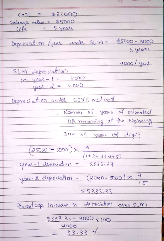 Cost = $25000 Salvage value = 65000 life : 5 years. Depreciation / year under slin 25000-5000 5 years 4000/ year. SIM depreci