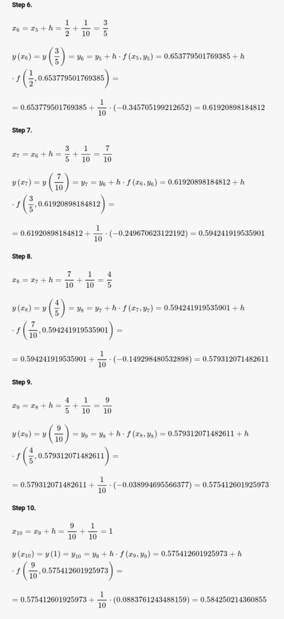 Step 6. 1 3 X6 = X5 + h = 1 2 + 10 5 3 y (26) = y 5 = Y6 = 45+hf (35,95) = 0.653779501769385+h --(,10.6 0.653779501769385 85)
