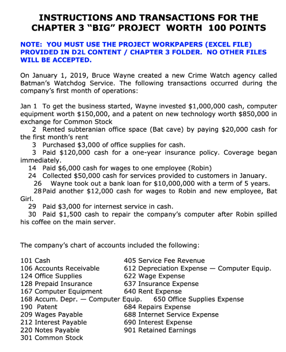 INSTRUCTIONS AND TRANSACTIONS FOR THE CHAPTER 3 BIG PROJECT WORTH 100 POINTS NOTE: YOU MUST USE THE PROJECT WORKPAPERS (EXC