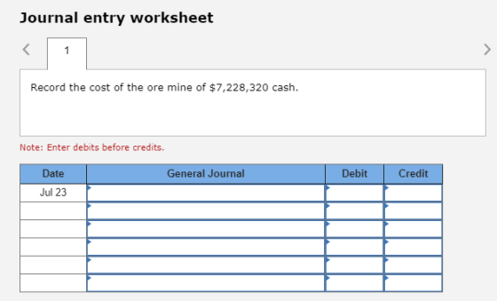 Journal entry worksheet Record the cost of the ore mine of $7,228,320 cash. Note: Enter debits before credits. General Journa