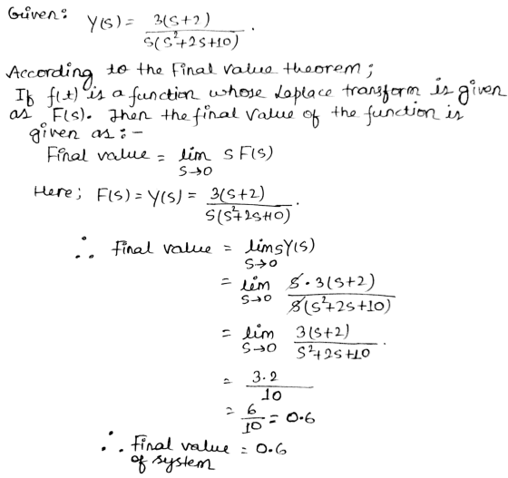 Guiven Yis)- 345+2) 5(5+25+10) According to the final value theorem; Ib flt) is a function whose Leplace transform is givon a