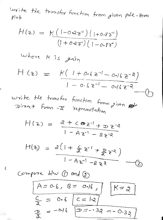 write the transfer function from given pole-Zero plot Hlz) K(1-002) (+0.82) (1+0221-0.72) where k is gain H (7) K( 1 + 0.62-