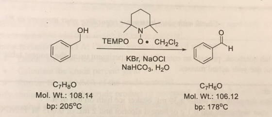 TEMPO O. CH2Cl2 KBr, NaOCI NaHCO3, H20 C7H30 Mol. Wt.: 108.14 bp: 205°C C7H60 Mol. Wt.: 106.12 bp: 178°C