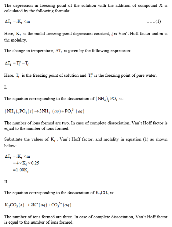 The depression in freezing point of the solution with the addition of compound X is calculated by the following formula: AT,