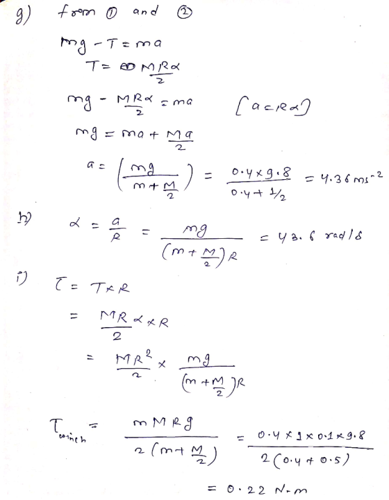 from 0 and ng - Tama Ta o Mipa та - меч с те mg = matma 1 = (mitm) [ace 4) 0.4xgo8 = 4.36 ms? 0.4+ 1/2 m 2 = 9 = mg (m + ♡ J