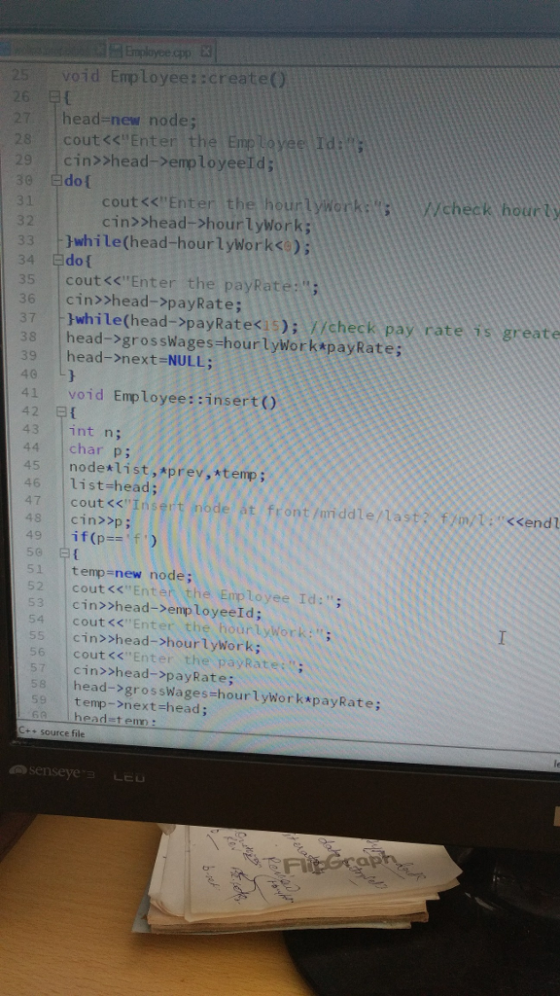 cpp 25 void Employee::create() 27 head-new node; cout <<Enter the Emp lo 29 cin>>head->employeeld; se Edot 3 1 32 heck houn