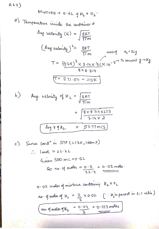 A42) MIXTURE 0.5L of H₂ + O₂ 1) Temperature inide the container Aup uelocity (ū) - SRT (Aug uelocity) = BRT Tim mass of 02 3