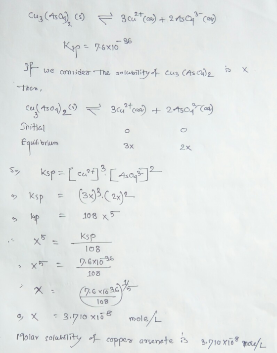 Ca (so, co s 3*(s) + 9 fts (9) Ksp = 7.6*1086 the solubility of cuz (ASO) 2 is x If we consider Then, o cu (A50a) 2(3) < 3cul