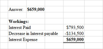Answer: $659,000 Workings: Interest Paid S793,500 Decrease in Interest payable Interest Expense -$134,500 S659,000