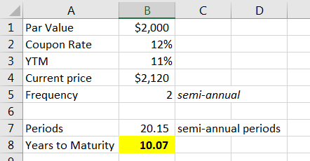 A D A 1 Par Value 2 Coupon Rate 3 YTM 4 Current price 5 Frequency B C $2,000 12% 11% $2,120 2 semi-annual 6 7 Periods 8 Years