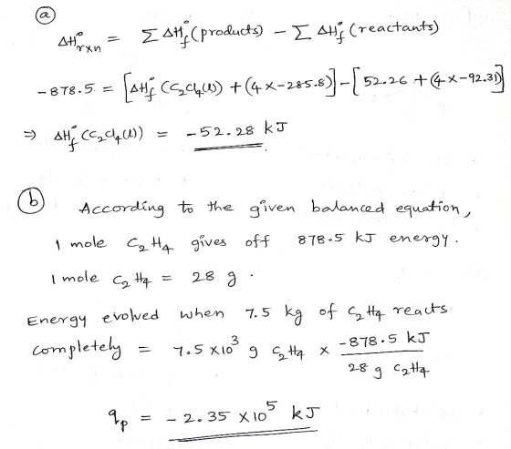 atomen = E SH; Cproducts - [ Hj (reactants) -878.5 = [44(644) + (4x=285:s) -(52.26 +(4x=123) » SH CC24W)) = -52.28 kJ . Accor